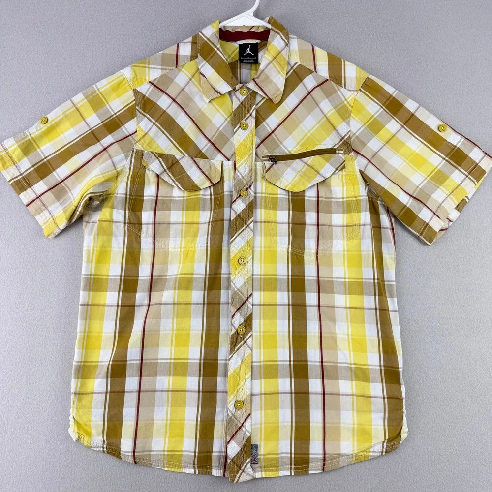 Jordan Jumpman Shirt Mens Large Yellow Plaid Short Sleeve Roll Tab Button Up Y2K